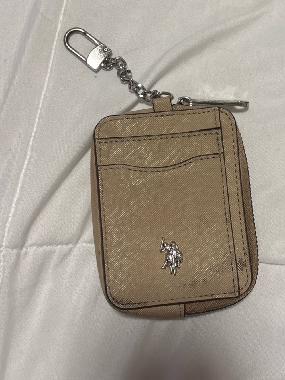 U.S. Polo Assn. Beige and Brown Zip Card Pouch with Key Clip